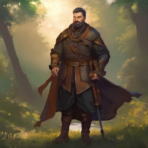 Prompt: (Full body) male stocky magical magus with short hair and beard, in nature in the evening, pathfinder, d&d setting, in a realistic digital art style