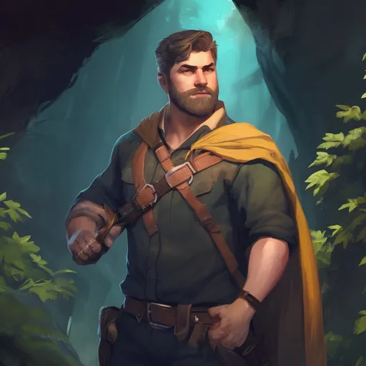 Prompt: (Full body) male stocky young muscular royal spy with short-cut hair and beard, in a forest cave at night pathfinder, d&d setting, in a realistic high quality digital art style