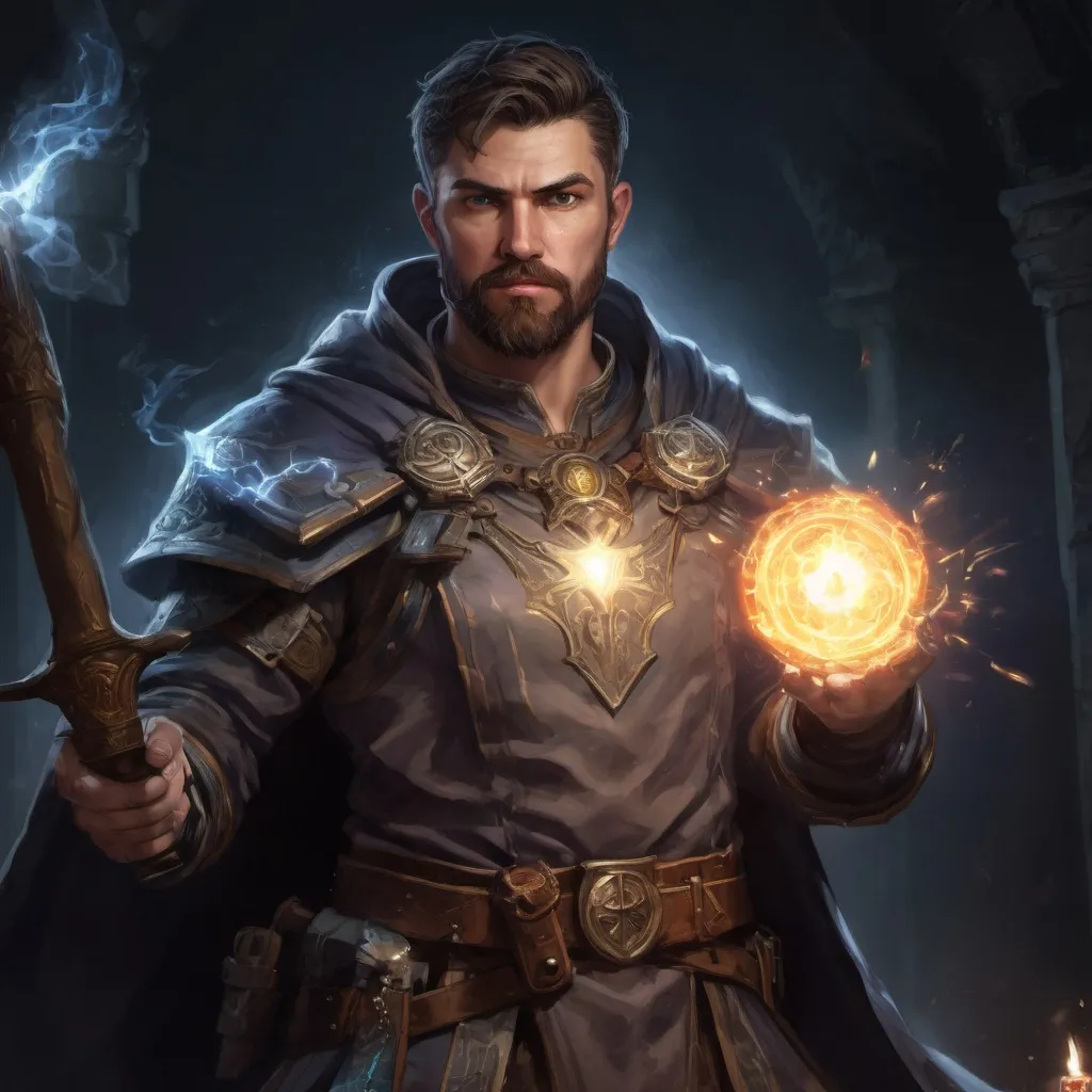 Prompt: Male stocky large cleric with short-cut hair and beard, engaged in combat casting a holy light spell inside of a dark dungeon, pathfinder, d&d setting, in a realistic high quality digital art style, enhanced shadow quality, colorful