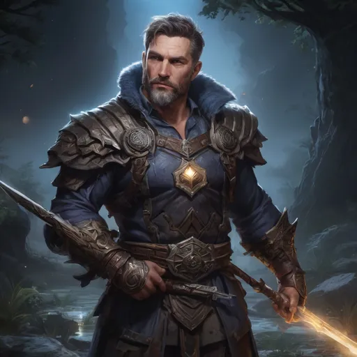 Prompt: male stocky muscular mature summoner with short hair and beard, holding fantasy-weapon, in nature at night, pathfinder, d&d setting, Realistic, Enhanced shadow and light quality