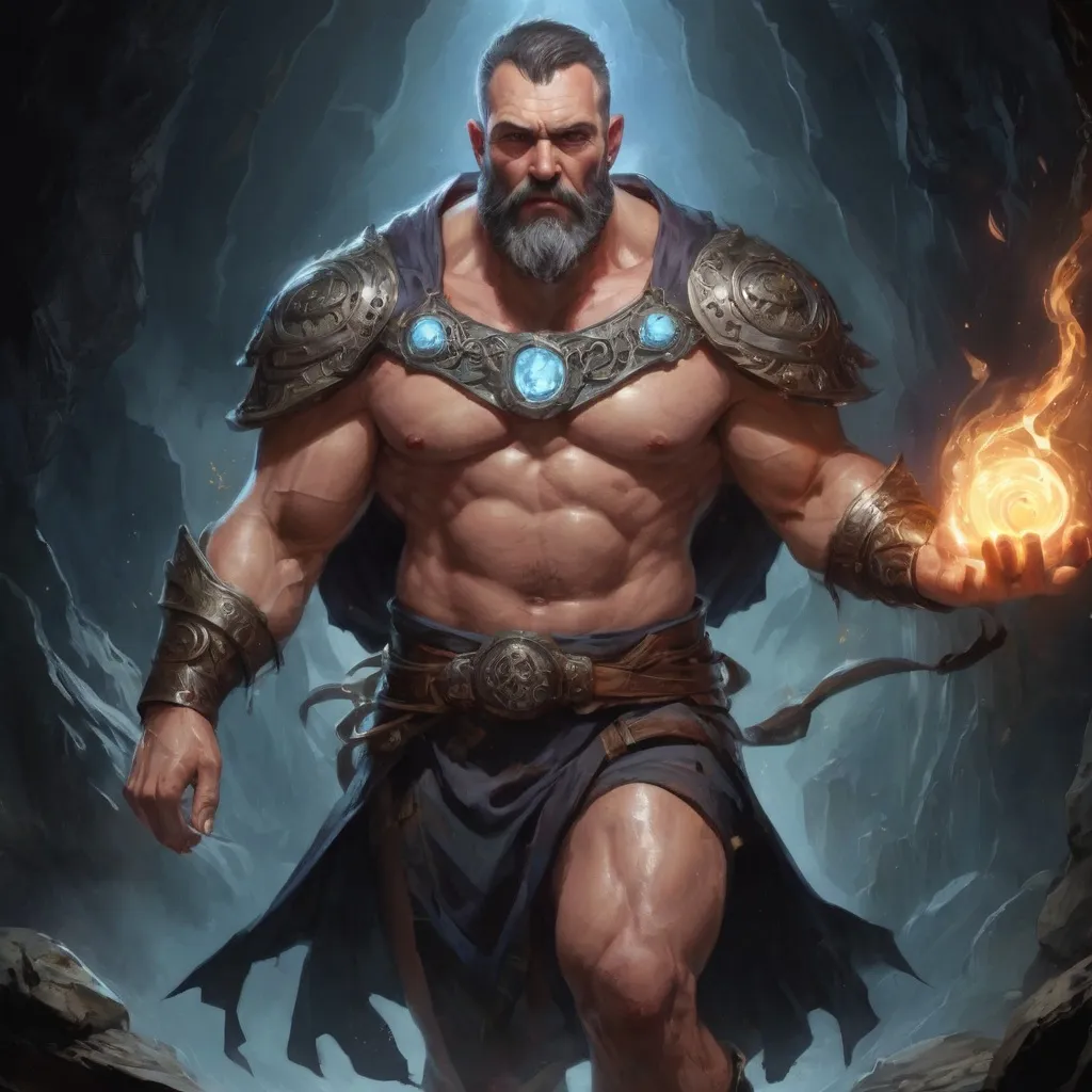 Prompt: (Full body) male stocky mature muscular cleric with short-cut hair and a beard, hairy chest, casting a swirly astral-spell, in a dark cave, pathfinder, d&d setting