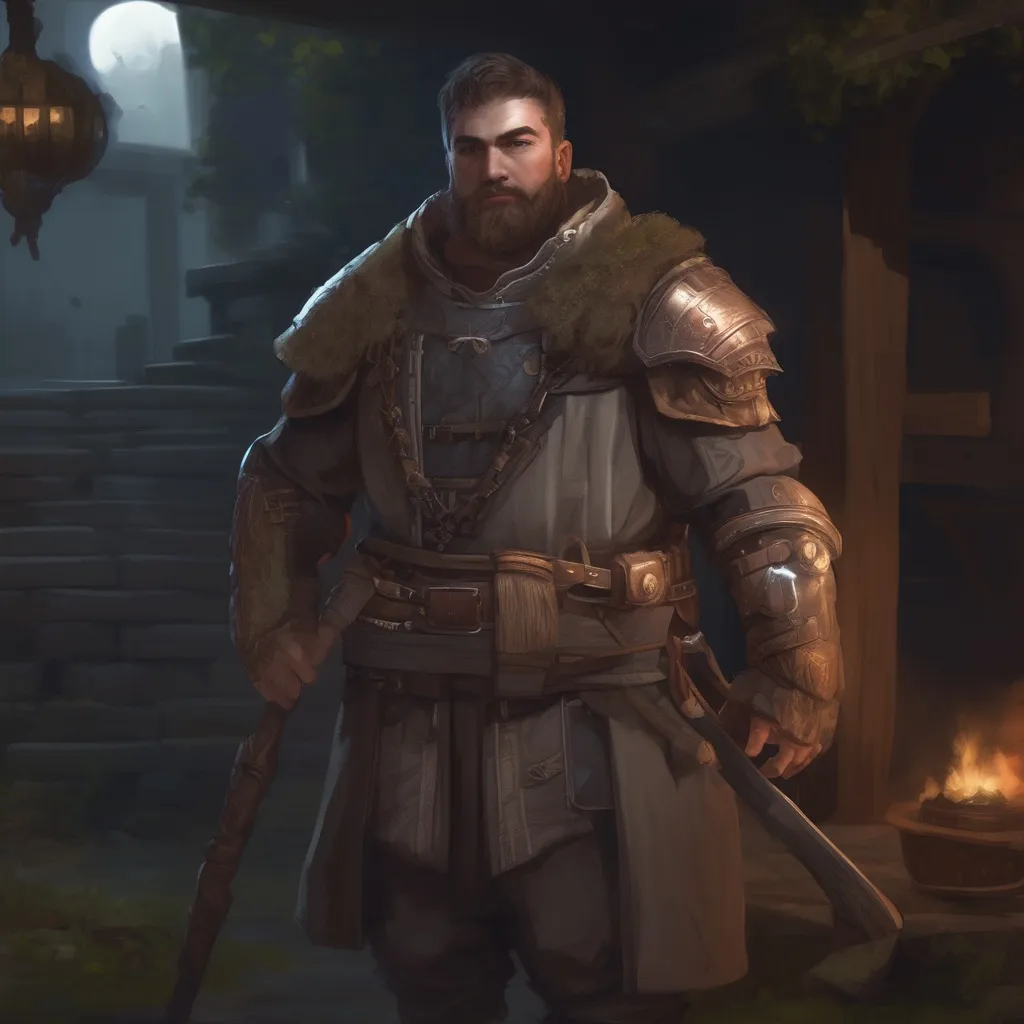 Prompt: (Full body) male handsome large stocky young warpriest with short-cut hair and beard, outside of a tavern by a forest at night, pathfinder, d&d setting, in a realistic high quality digital art style