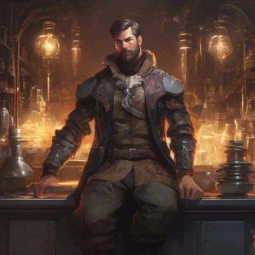 Prompt: (Full body) male handsome muscular alchemist with short hair and beard, in a labratory at night, pathfinder, d&d setting, in a realistic high quality digital art style