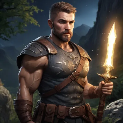 Prompt: male stocky fat muscular 
ranger-fighter with short hair and beard, holding fantasy-weapon, in nature at night, pathfinder, d&d setting, Realistic, Enhanced shadow and light quality