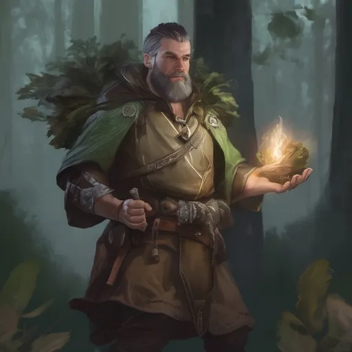 Prompt: (Full body) male stocky druid with short-cut hair and beard, holding magical tree staff, in a forest at night, leaf-shoulderguards, cloak, heavy belt, pathfinder, d&d setting, in a realistic digital art style