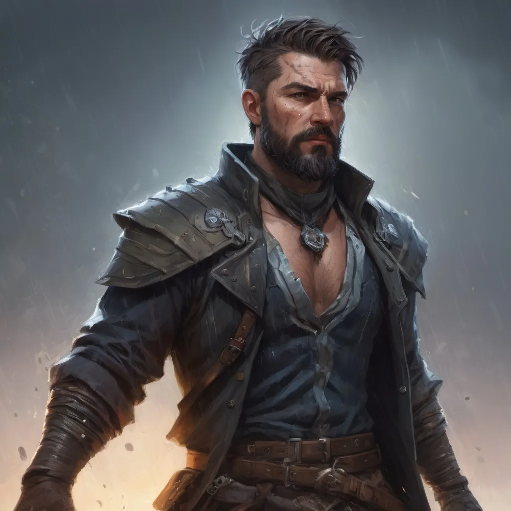 Prompt: Male stocky heavy-set large arcane-bandit with short-cut hair and beard, on a battlefield in a rainstorm, pathfinder, d&d setting, in a realistic high quality digital art style, enhanced shadow quality, colorful