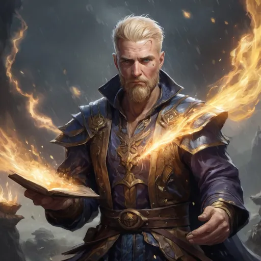 Prompt: Male stocky heavy-set large sorcerer with short-cut blonde hair and beard, casting a magical spell out of hands, on a battlefield in the rain, pathfinder, d&d setting,  enhanced shadow quality