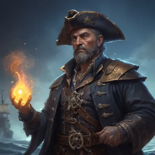 Prompt: male stocky mature heavy-built large pirate magus with short hair and beard, wearing magic coat, casting a water spell, on a ship by land at night, pathfinder, d&d setting, in a realistic high quality digital art style