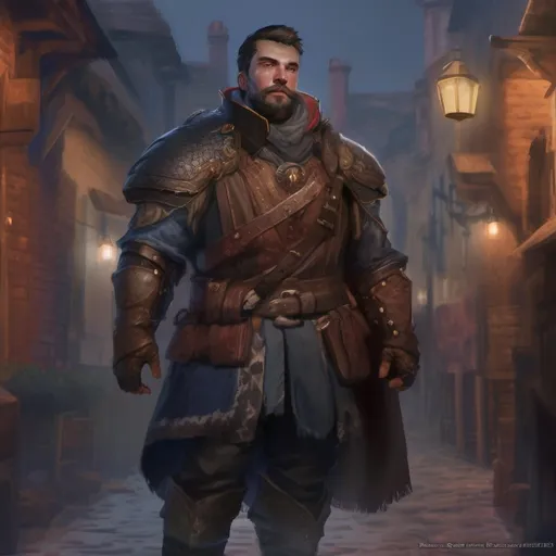 Prompt: (Full body) male manly stocky noble royal guard with dark short-cut hair and beard, in small village at night, pathfinder, d&d setting, in a realistic digital art style