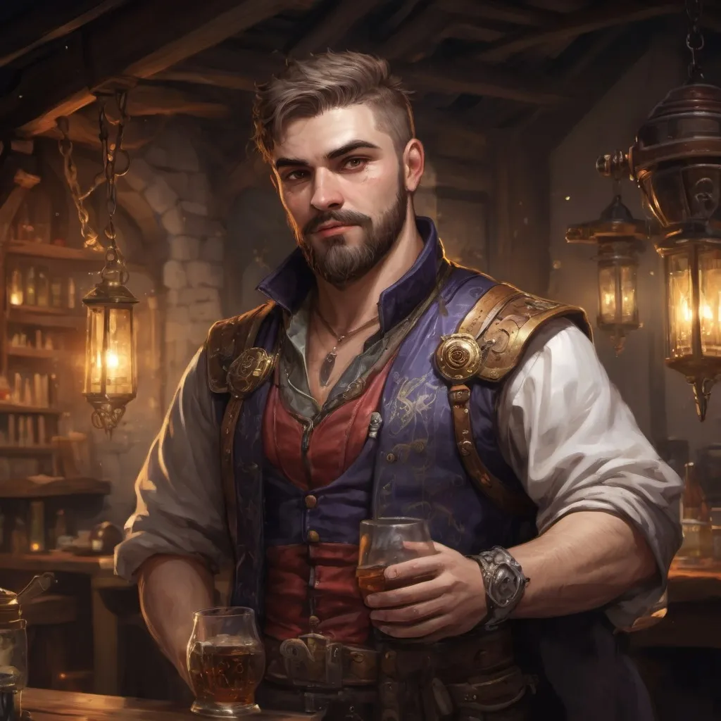 Prompt: (Full body) male stocky heavy flirty royal alchemist with short hair and beard, in a dark tavern, pathfinder, d&d setting, in a realistic high quality digital art style