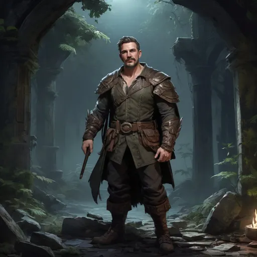 Prompt: Male stocky muscular mature arcanist, with short hair and mustache, in a ruin in a forest at night  pathfinder, d&d setting, in a realistic high quality digital art style, enhanced shadow quality