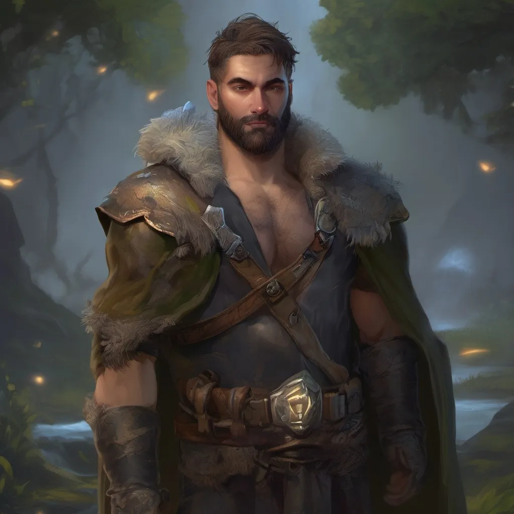 Prompt: (Full body) male stocky big-chested hairy-chested fantasy-ranger with short hair and beard, no shirt on, casting an nature spell, in nature at night, pathfinder, d&d setting, in a realistic digital art style