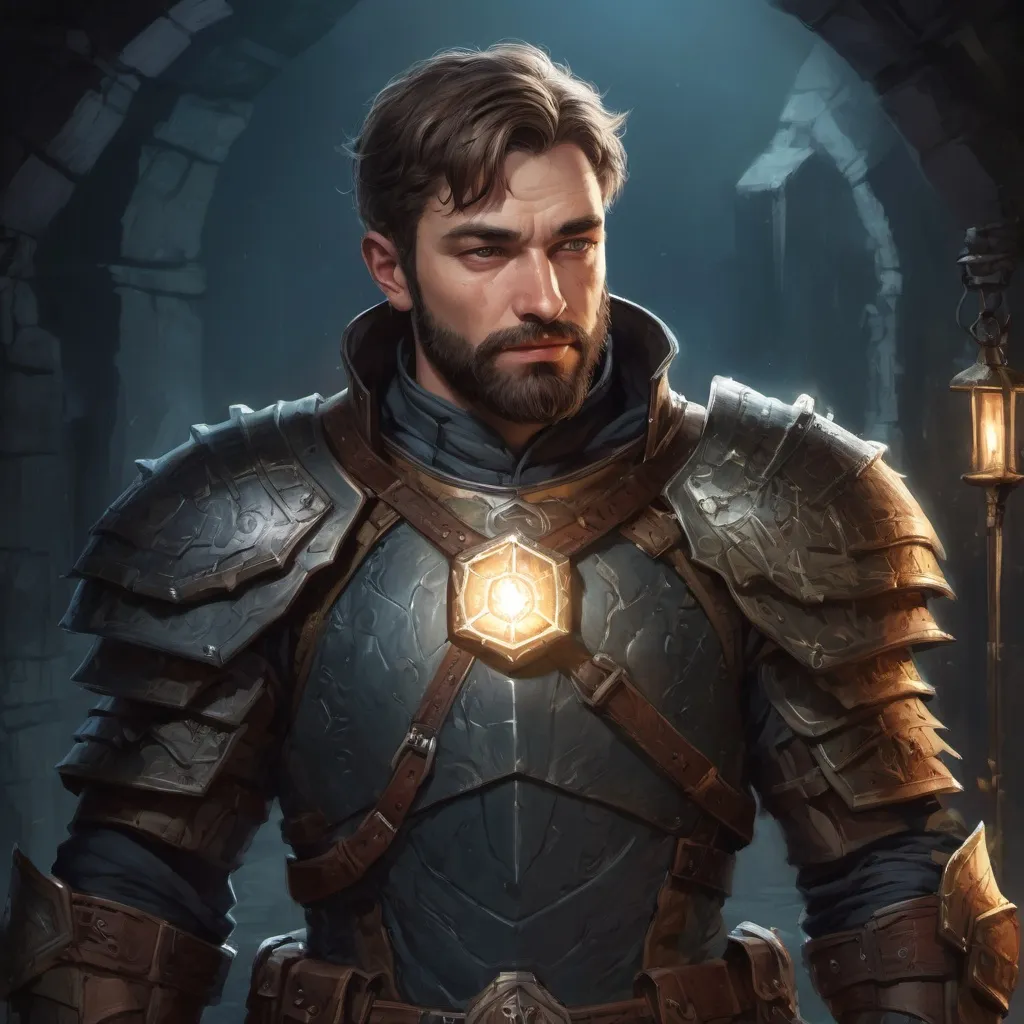 Prompt: Male stocky mature treasure-hunter with short-cut hair and beard, inside of a dungeon at night, wearing magical armour, pathfinder, d&d setting, in a realistic high quality digital art style, enhanced shadow quality