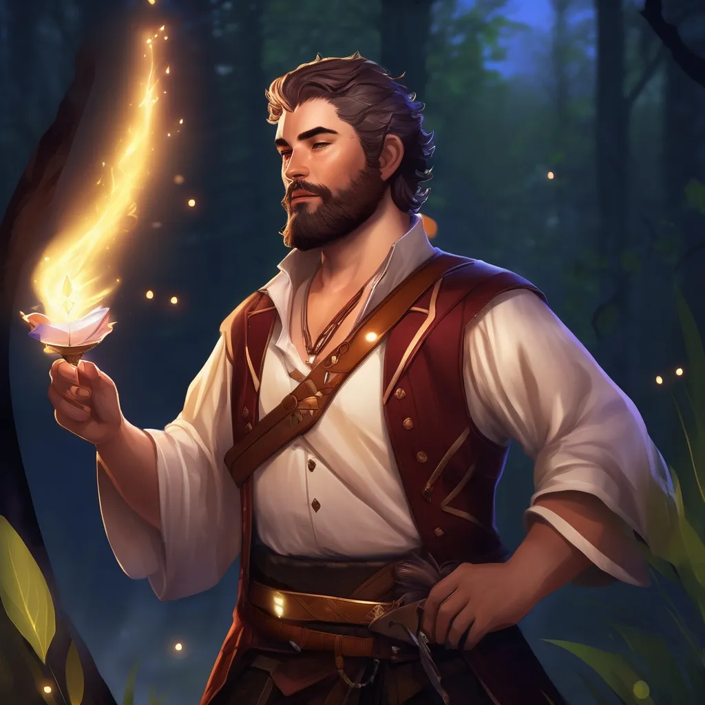 Prompt: (Full body) male stocky magical bard with short hair and beard, open shirt, in dark lit nature background, pathfinder, d&d setting, in a realistic digital art style