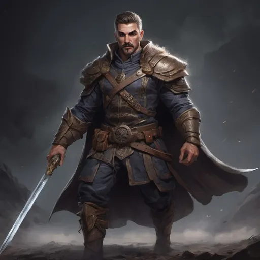 Prompt: (Full body) male stocky masculine royal magus with short hair and mustache, hairy chest, in a dark battle field, pathfinder, d&d setting, in a realistic high quality digital art style