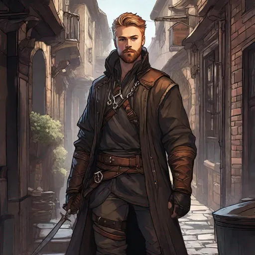 Prompt: (Full body) male rogue looks like jack lowden , glowing eyes with short cut hair with short beard, manly face, chain chirt, leather pants, pathfinder, dungeons and dragons, in a dark back street, in a painted style, realistic