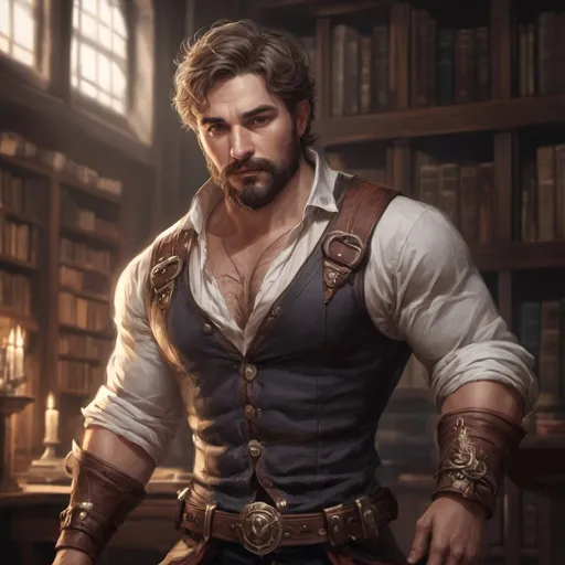 Prompt: (Full body) male stocky masculine manly hunky royal bard with short hair and beard, hairy chest, in a dark library, pathfinder, d&d setting, in a realistic high quality digital art style