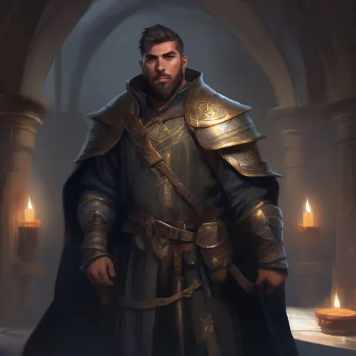 Prompt: (Full body) male stocky alchemist with short-cut hair and beard, in a dark magic temple dungeon, wearing big shoulderguards, pathfinder, d&d setting, in a realistic digital art style