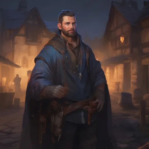 Prompt: (Full body) male manly stocky noble magical sorcerer with dark short-cut hair and beard, outside of a small village at night, pathfinder, d&d setting, in a realistic digital art style