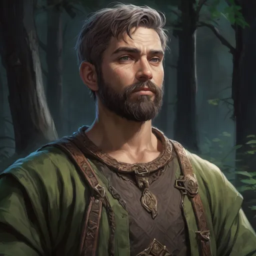 Prompt: Male stocky heavy-set mature fantasy-druid with short-cut hair and beard, nature-clothes, outside of fantasy forest at night, pathfinder, d&d setting, in a realistic high quality digital art style, enhanced shadow quality