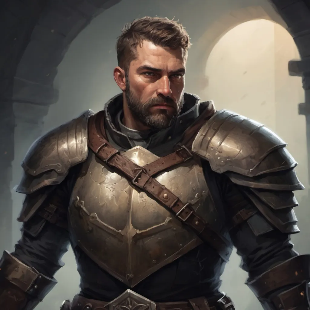 Prompt: (torso) Male stocky large mature knight with short-cut hair and beard, engaged in combat inside of a dark dungeon, pathfinder, d&d setting, in a realistic high quality digital art style, enhanced shadow quality