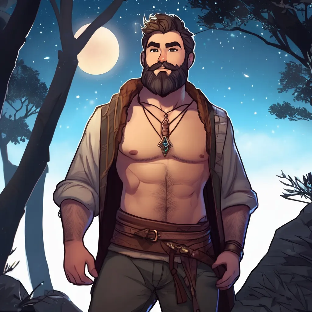 Prompt: (Full body) male thick hairy adventurer with short hair and beard, no shirt on, in nature at night, pathfinder, d&d setting, in a realistic digital art style