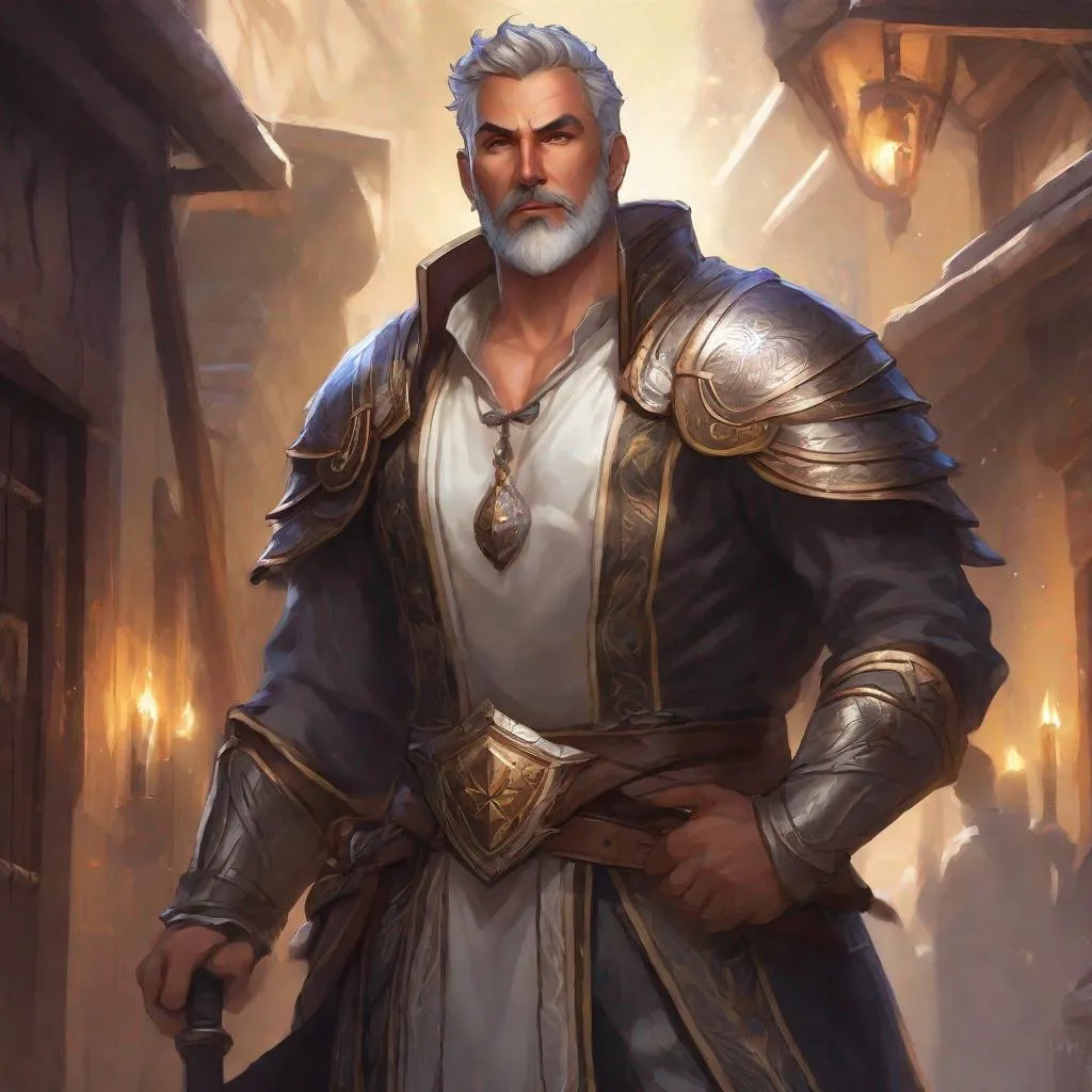 Prompt: (Full body) handsome large older paladin glowing eyes with short cut hair with grey streaks short beard, manly face, open shirt, hairy chest, casting a magic spell, smite, pathfinder, dungeons and dragons, in a dark back street, in a painted style, realistic