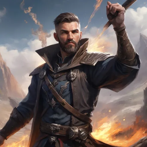 Prompt: Male heavy-set handsome fit war-mage with short-cut hair and beard, holding magic-spell, in a windy battlefield, pathfinder, d&d setting, enhanced shadow quality