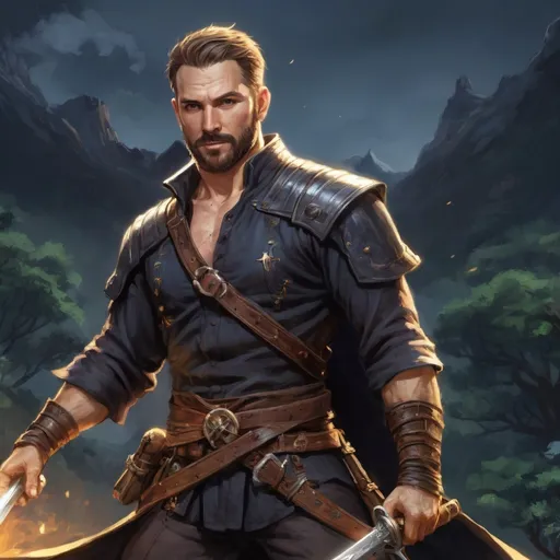Prompt: (torso) Male heavy-set 38-year old fit swashbuckler with short-cut hair and beard, swinging a magical sword in combat, in movement, in a valley at night, pathfinder, d&d setting, enhanced shadow quality