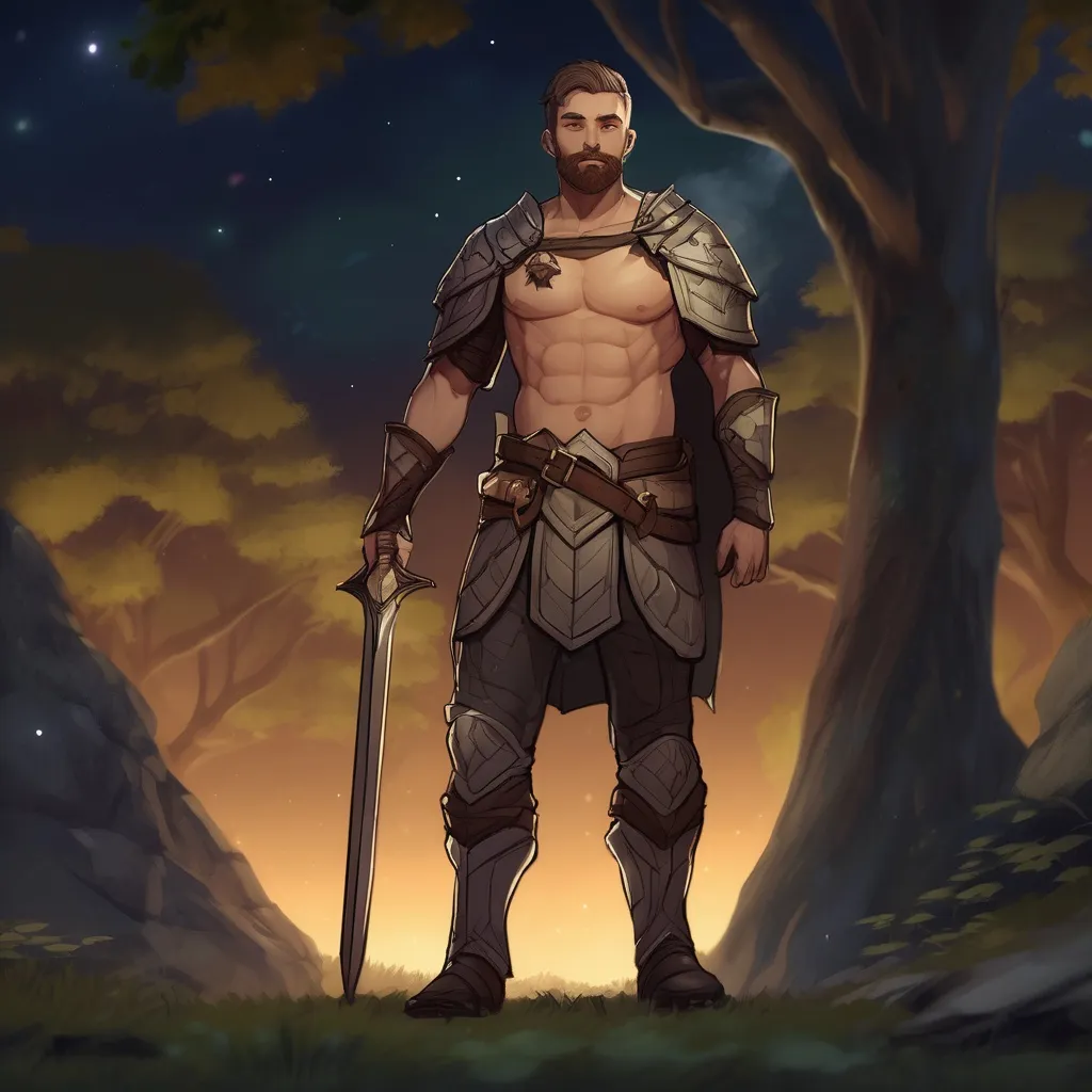 Prompt: (Full body) male paladin with short hair and beard, no shirt on, in nature at night, pathfinder, d&d setting, in a realistic digital art style