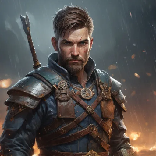 Prompt: Male stocky heavy-set hunter-archer with short-cut hair and beard, on a battlefield in a rainstorm, pathfinder, d&d setting, enhanced shadow quality, colorful
