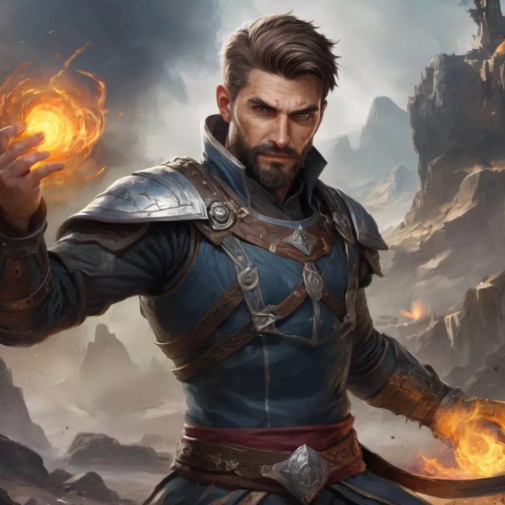 Prompt: (head and torso) Male heavy-set handsome fit war-mage with short-cut hair and beard, holding magic-spell, in a windy battlefield, pathfinder, d&d setting, enhanced shadow quality