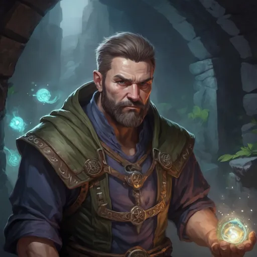 Prompt: Male stocky large mature finnish arcane-druid with short-cut hair and beard, exploring a dark astral magical dungeon in combat, pathfinder, d&d setting, in a realistic high quality digital art style, enhanced shadow quality, colorful