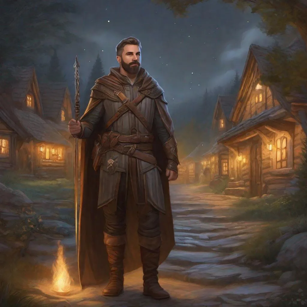 Prompt: (Fullbody) male adult noble manly face short-hair grey stripes, bearded, leather shirt open shirt, heavy belt , swirly magic, brown boots, cloak, pathfinder, dungeons and dragons, outside a town by a forest at night, holding a weapon, in a painted style, realistic