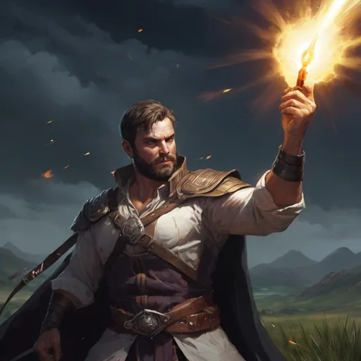 Prompt: Male stocky large fat templar with short-cut hair and beard, open shirt hairy chest, in combat casting a magic-ray out of hands in a windy field at night, pathfinder, d&d setting, in a realistic high quality digital art style, enhanced shadow quality, colorful