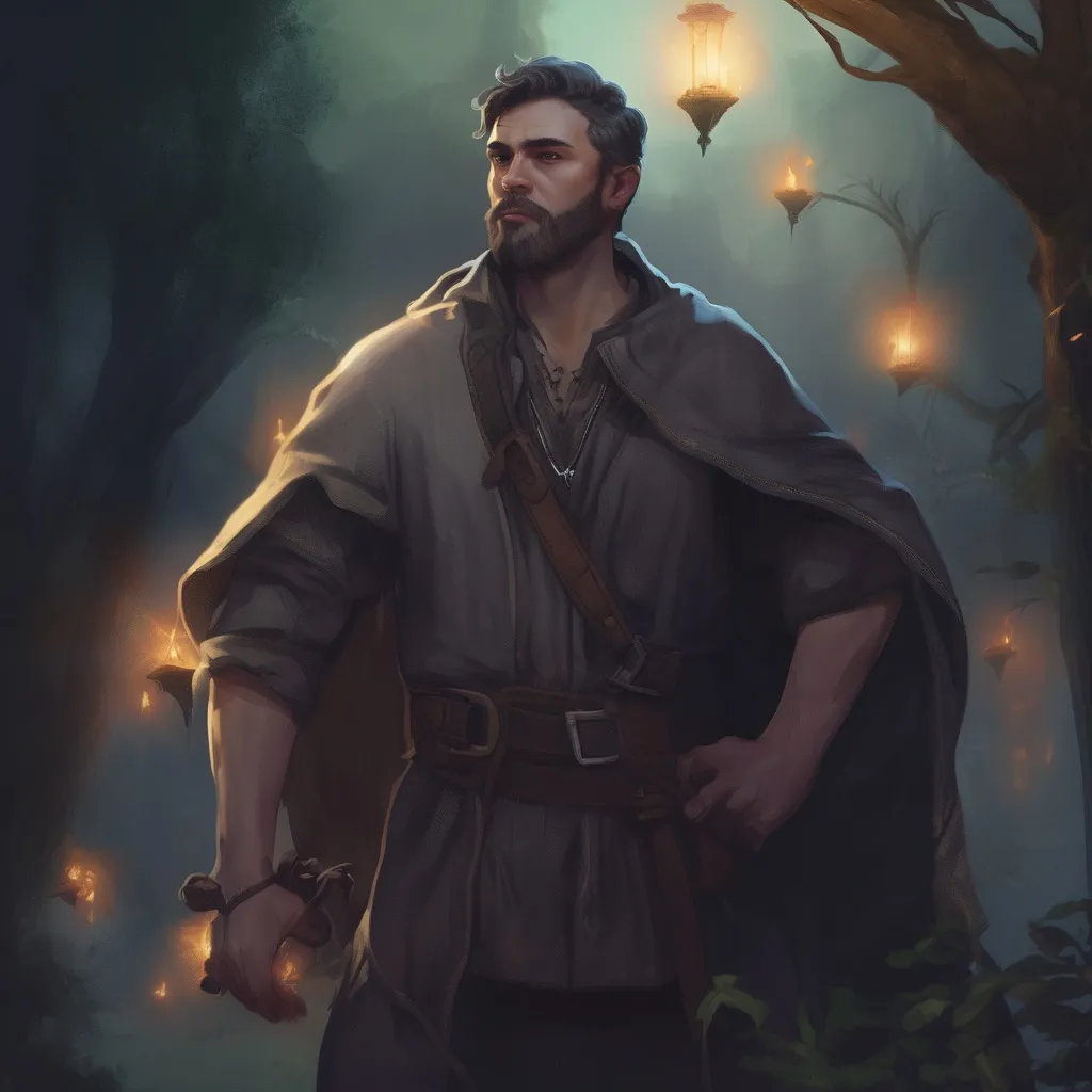 Prompt: (Full body) male manly stocky young noble mage with dark short-cut hair and beard, in nature at night, pathfinder, d&d setting, in a realistic digital art style