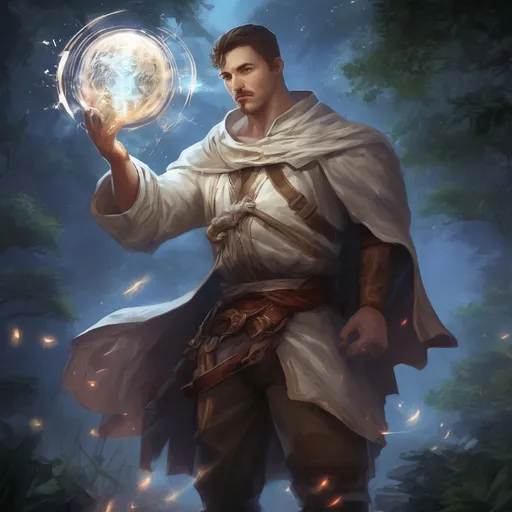 Prompt: (Full body) male stocky young muscular white-mage with short-cut hair and a mustache, casting an astral-spell, in nature at night pathfinder, d&d setting, in a realistic digital art style