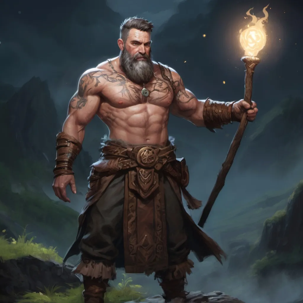 Prompt: (head and torso) Male stocky fit 37-year old handsome archdruid with short-cut hair and beard, holding magic-staff, in a valley at night, pathfinder, d&d setting, enhanced shadow quality