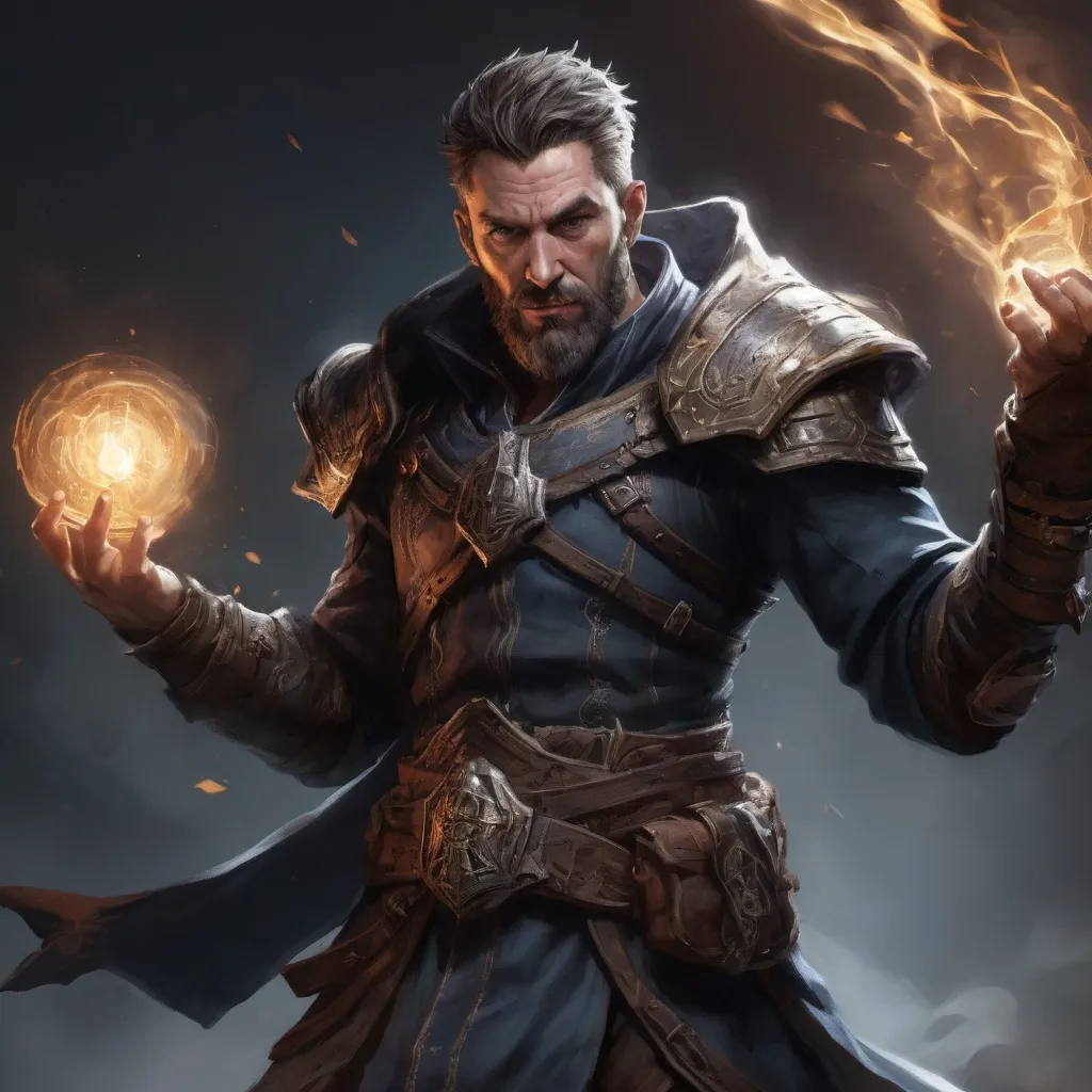 Prompt: Male stocky large mature fit battle-mage with short-cut hair and beard, engaged in combat casting a light-spell in a dark room, pathfinder, d&d setting, realistic, enhanced shadow quality