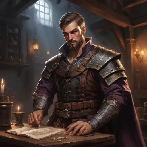 Prompt: Male stocky large muscular royal bard with short-cut hair and beard, exploring a dark tavern room, pathfinder, d&d setting, realistic, enhanced shadow quality