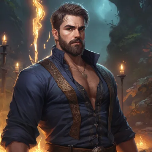 Prompt: male stocky heavy-set fat british royal transmuter with short-cut hair and beard,  open shirt hairy chest, casting swirly bright spell, in nature at night, pathfinder, d&d setting, in a realistic high quality digital art style, enhanced shadow quality