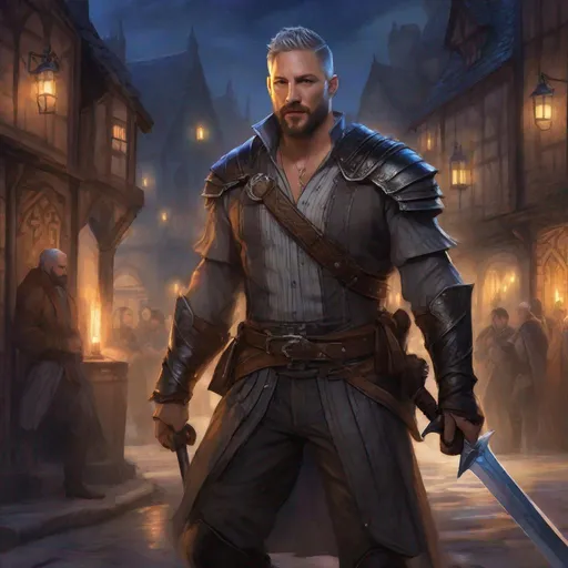 Prompt: (Full body) A male short-haired knight looks like older tom hardy with open shirt hairy chest and short beard grey-striped hair, glowing magic, fantasy weapon, leather shirt with details, manly, pathfinder, dungeons and dragons fantasy setting, night time in a town street, in a painted style, realistic