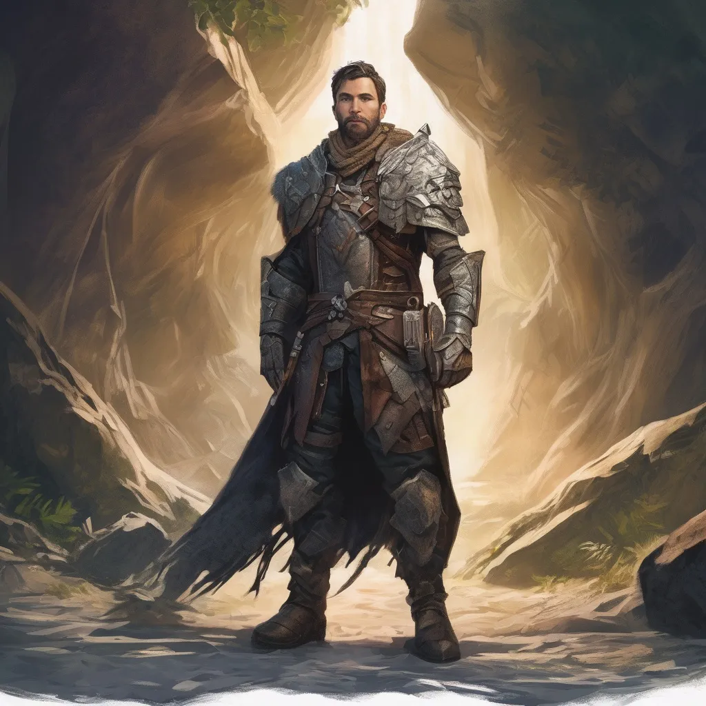 Prompt: (Full body) male handsome large fantasy hero with short hair and beard, outside of a cave by a forest at night, pathfinder, d&d setting, in a realistic high quality digital art style