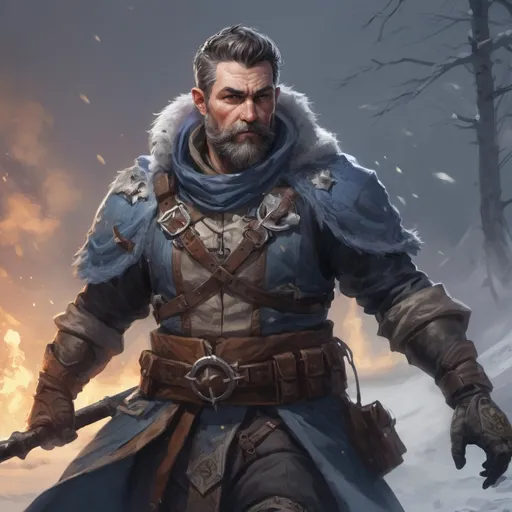 Prompt: Male stocky heavy-set mature arcane-hunter with short-cut hair and beard, on a battlefield, in combat, holding a frostbomb, pathfinder, d&d setting, in a realistic high quality digital art style, enhanced shadow quality, colorful