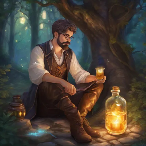 Prompt: (Full body) A male alchemist with short cut hair with a mustache and stubble manly face, pathfinger, magic swirl, leather pants, holding magic potion, dungeons and dragons, brown boots, fantasy setting, in a forest glade at night, in a painted style realistic art