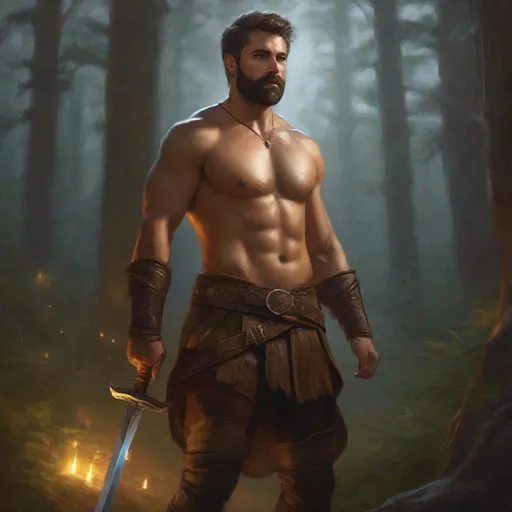 Prompt: (Full body) A male bare chested hairy fighter short-cut salt and pepper hair with short-beard manly face, pathfinder, faint lights in the background, holding sword, dungeons and dragons, brown boots, fantasy setting, standing in a forest glade at night, in a painted style realistic art