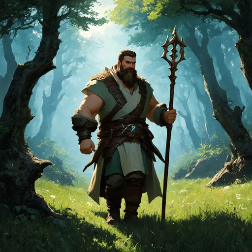 Prompt: (Full body) male beefy druid with short hair and beard, holding a staff, exploring a dark forest, pathfinder, d&d setting, in a drawn digital art style