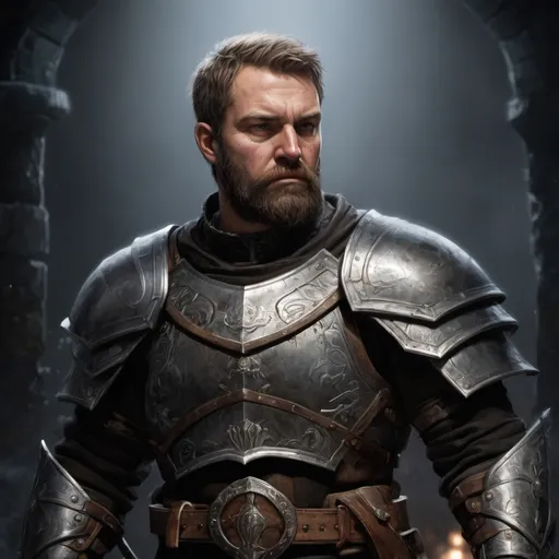 Prompt: (torso) Male stocky large mature icelandic knight with short-cut hair and beard, engaged in combat inside of a dark dungeon, pathfinder, d&d setting, realistic high quality enhanced shadow quality