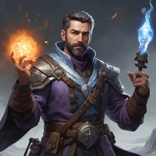 Prompt: Male stocky heavy-set mature arcane-alchemist with short-cut hair and beard, on a battlefield, in combat, holding a frostbomb, pathfinder, d&d setting, in a realistic high quality, enhanced shadow quality, colorful
