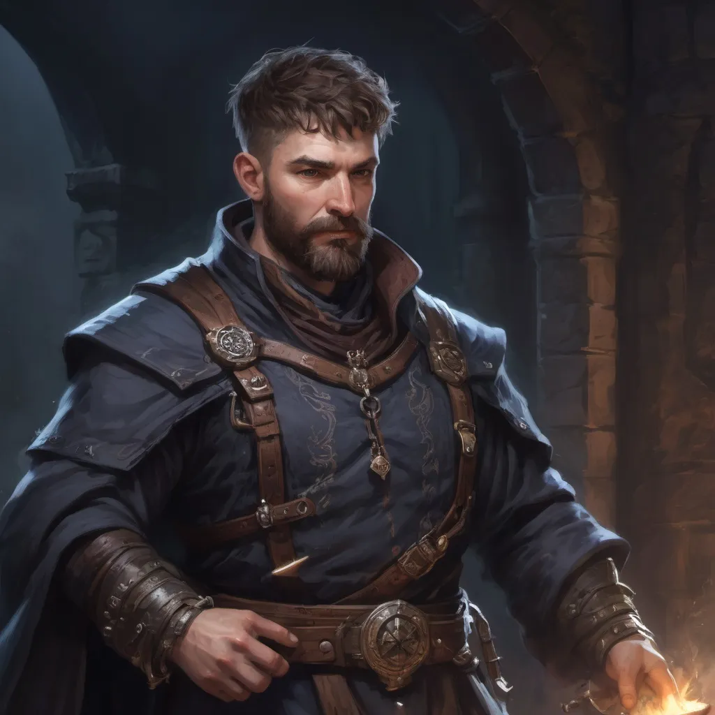 Prompt: Male stocky large Scottish arcanist with short-cut hair and beard, exploring a dark astral magical dungeon, pathfinder, d&d setting, enhanced shadow quality